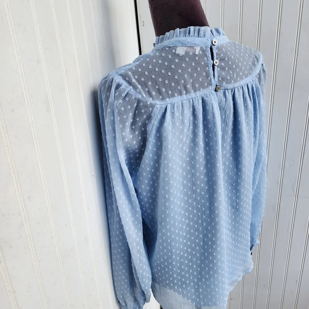 Loft Swiss Dot Ruffle Neck Balloon Sleeve Blouse Light Blue Sheer Boho Keyhole M - Picture 6 of 12